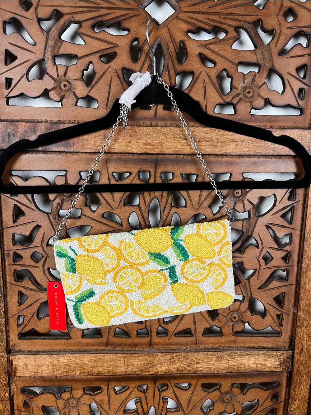 Kelly & Katie Beaded Lemon Print Clutch Bag with Chain Strap